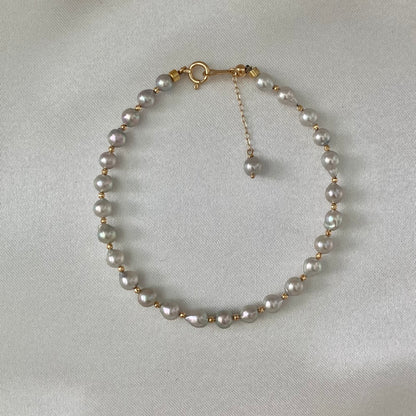 내추럴 실버 블루 바로크 아코야 진주 비드 팔찌 K18YG