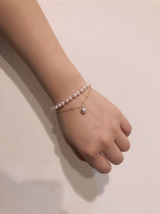 4.5mm アコヤ真珠ビーズ 18K イエローゴールドチェーン 二重層ブレスレット