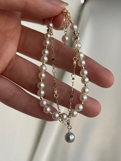 4.5mm Akoya Pearl Beaded 18K Yellow Gold Chain Double Layered Bracelet - KOKOPEARLJEWELRY - 9