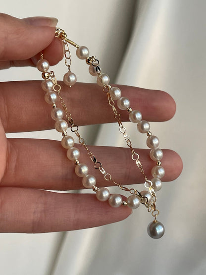 4.5mm Akoya Pearl Beaded 18K Yellow Gold Chain Double Layered Bracelet - KOKOPEARLJEWELRY - 10
