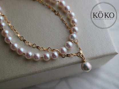 4.5mm Akoya Pearl Beaded 18K Yellow Gold Chain Double Layered Bracelet - KOKOPEARLJEWELRY - 6