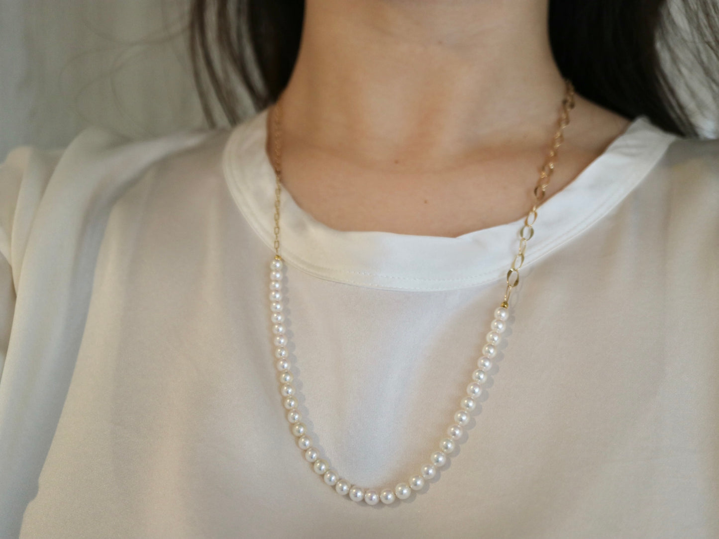 4.5mm Akoya Pearl ＆ 18K Gold Paperclip Link Chain Long Necklace