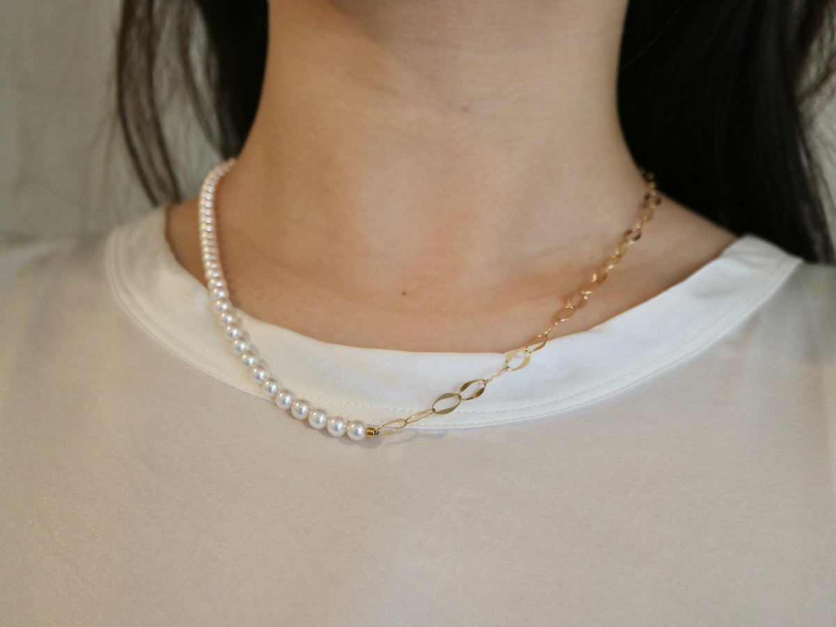 4.5mm Akoya Pearl ＆ 18K Gold Paperclip Link Chain Long Necklace