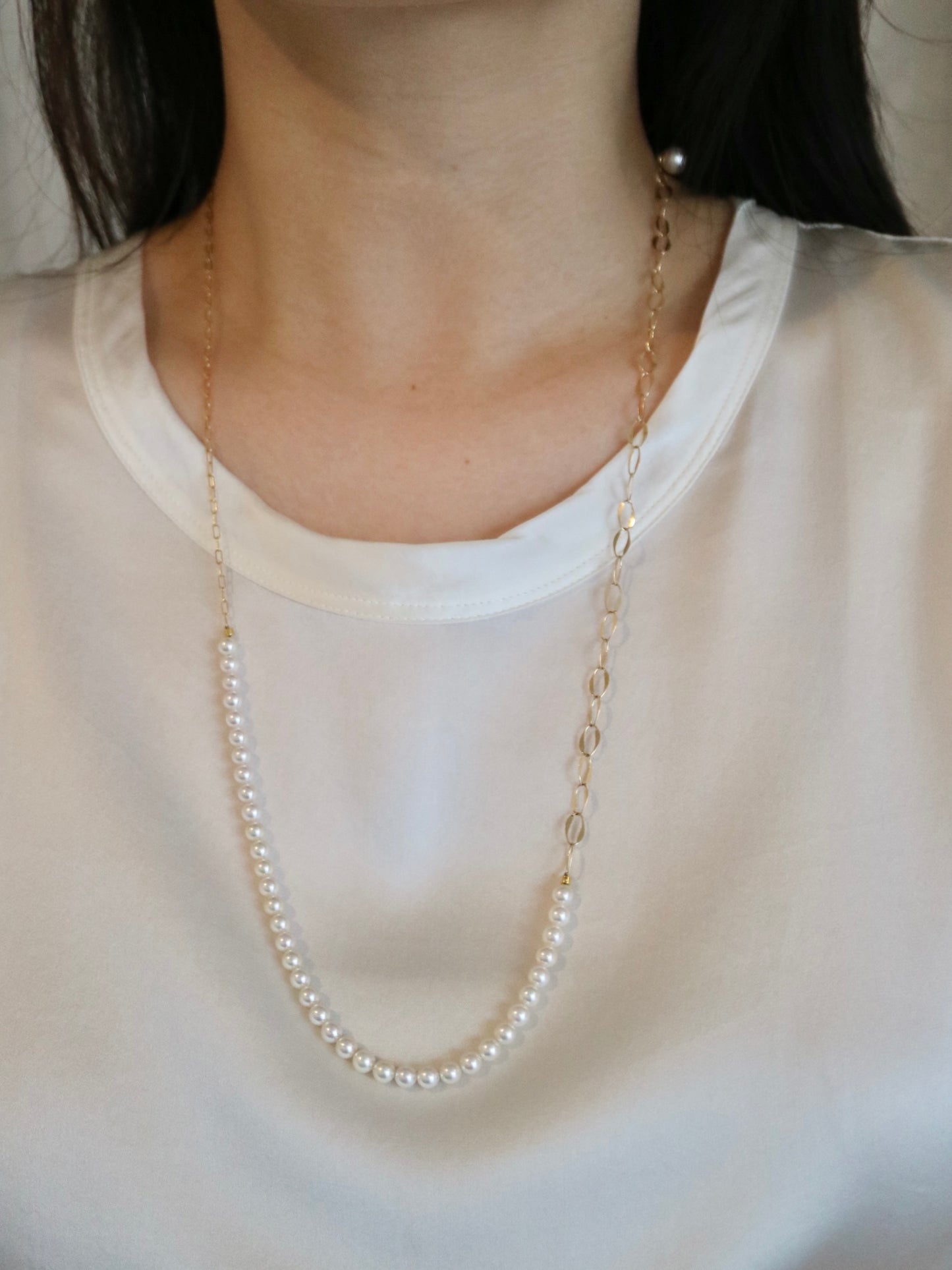 4.5mm Akoya Pearl ＆ 18K Gold Paperclip Link Chain Long Necklace