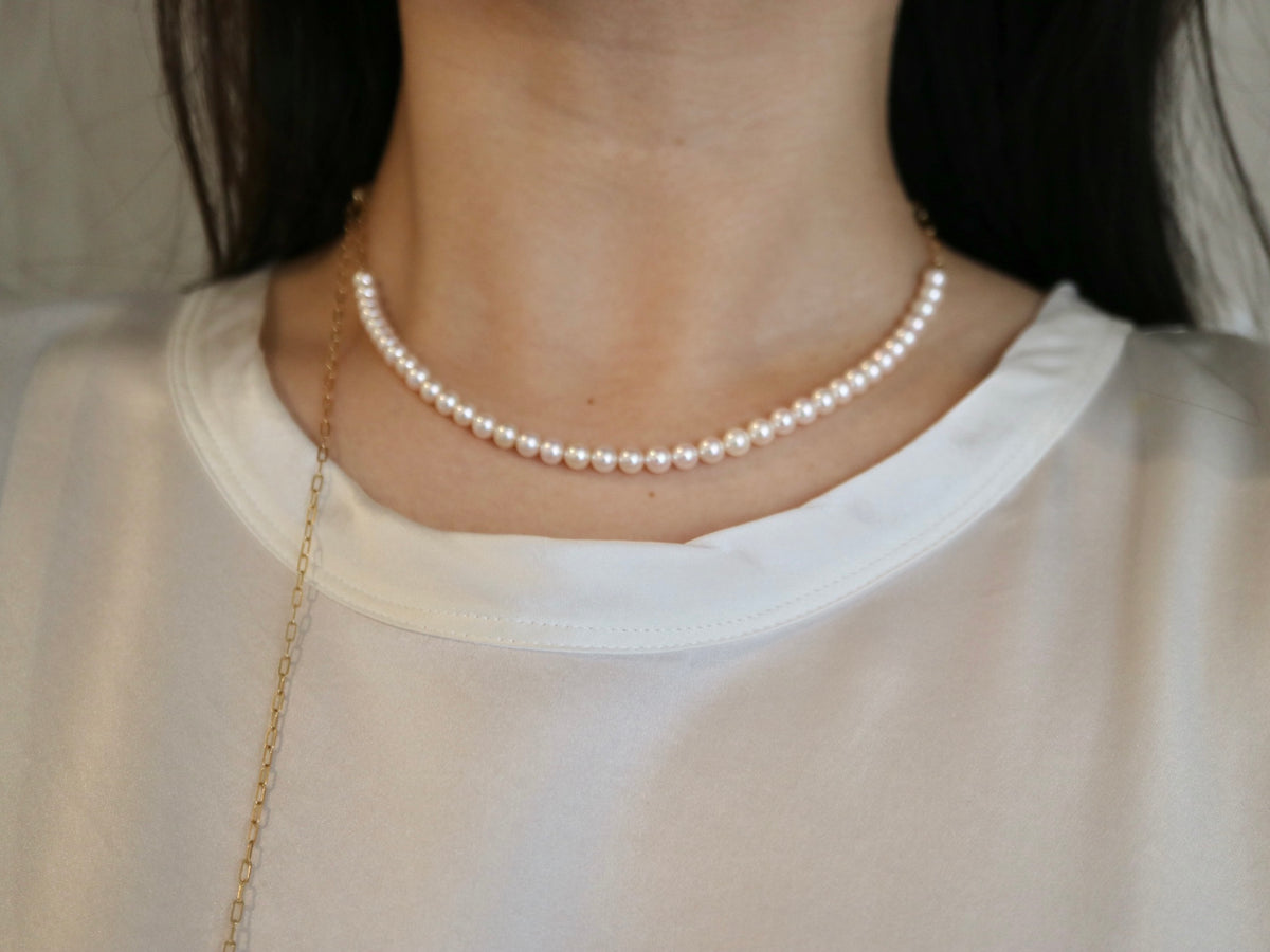 4.5mm Akoya Pearl ＆ 18K Gold Paperclip Link Chain Long Necklace