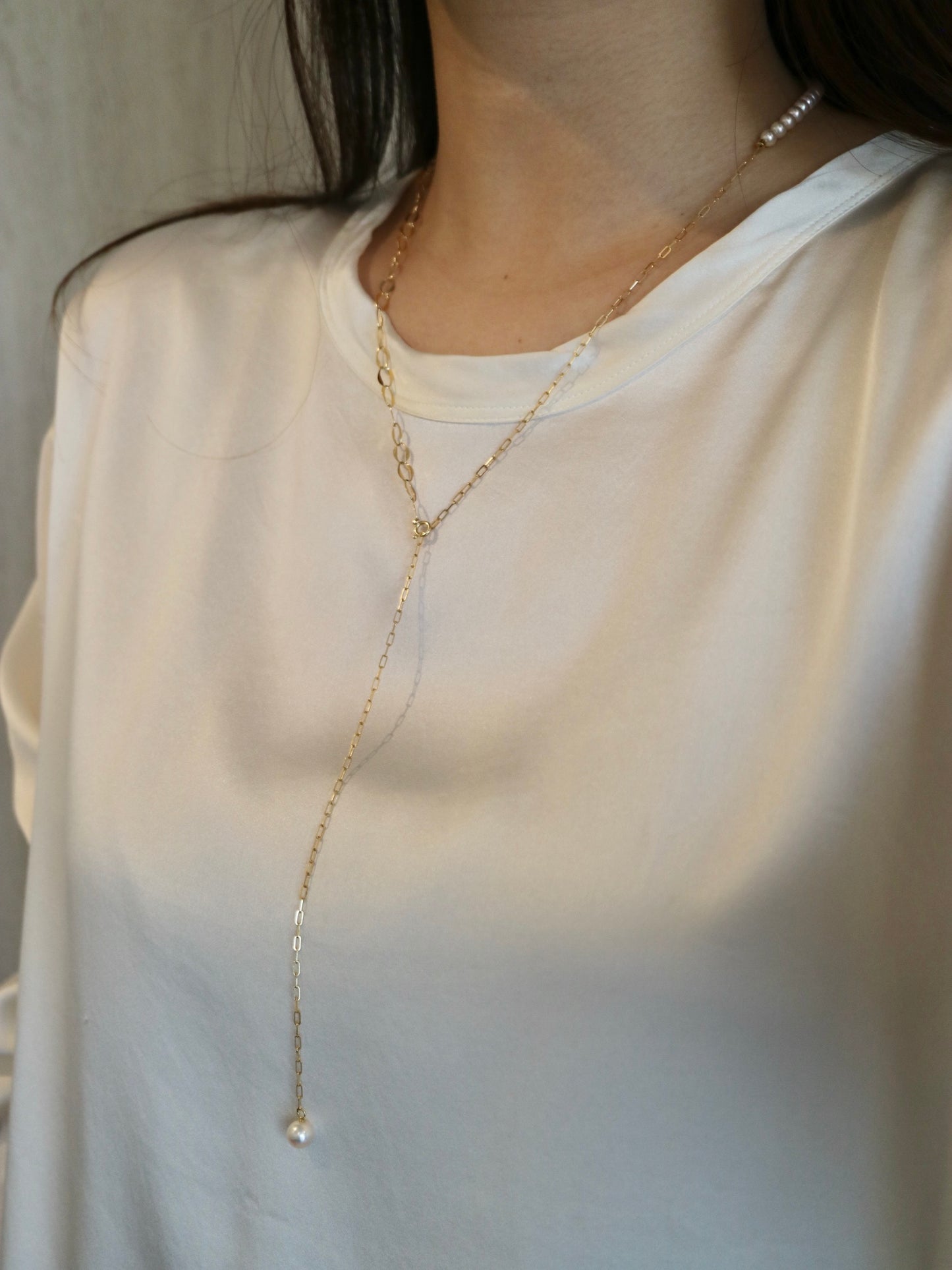 4.5mm Akoya Pearl ＆ 18K Gold Paperclip Link Chain Long Necklace