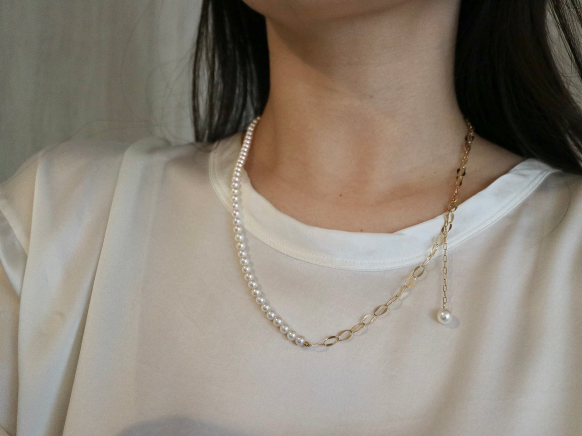4.5mm Akoya Pearl ＆ 18K Gold Paperclip Link Chain Long Necklace