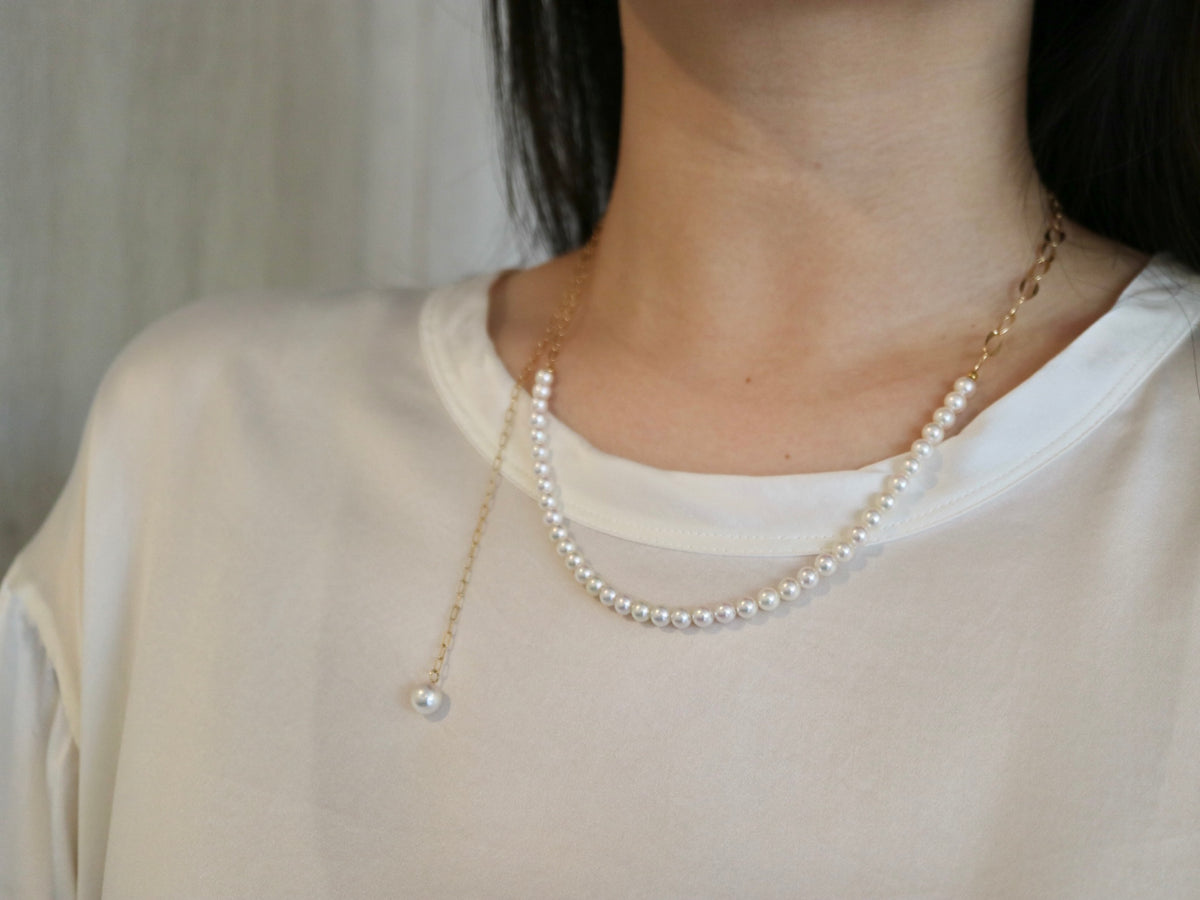 4.5mm Akoya Pearl ＆ 18K Gold Paperclip Link Chain Long Necklace