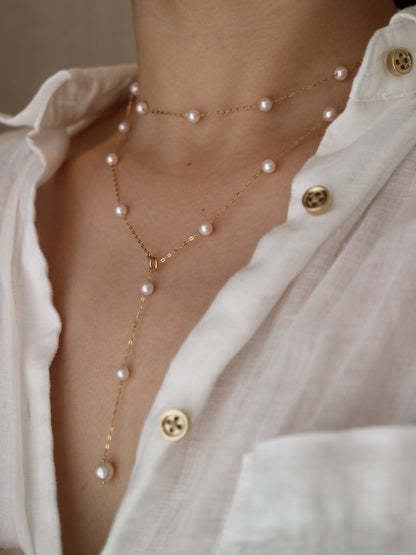 90cm 4.5mm Akoya Pearl Station Long Necklace 18K Yellow Gold - KOKOPEARLJEWELRY - 4