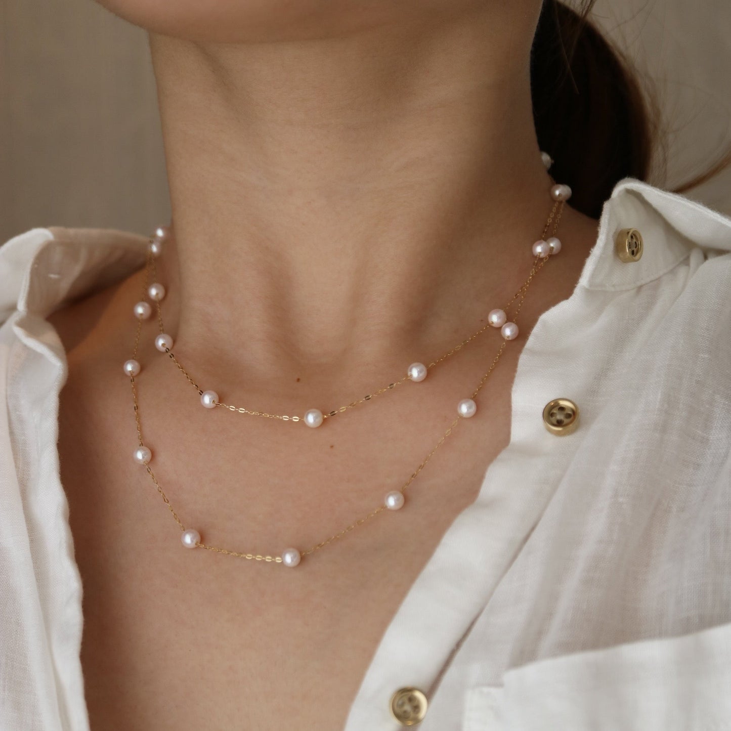 90cm 4.5mm Akoya 海水珍珠点缀长项链 18K 黄金 - KOKOPEARLJEWELRY - 1