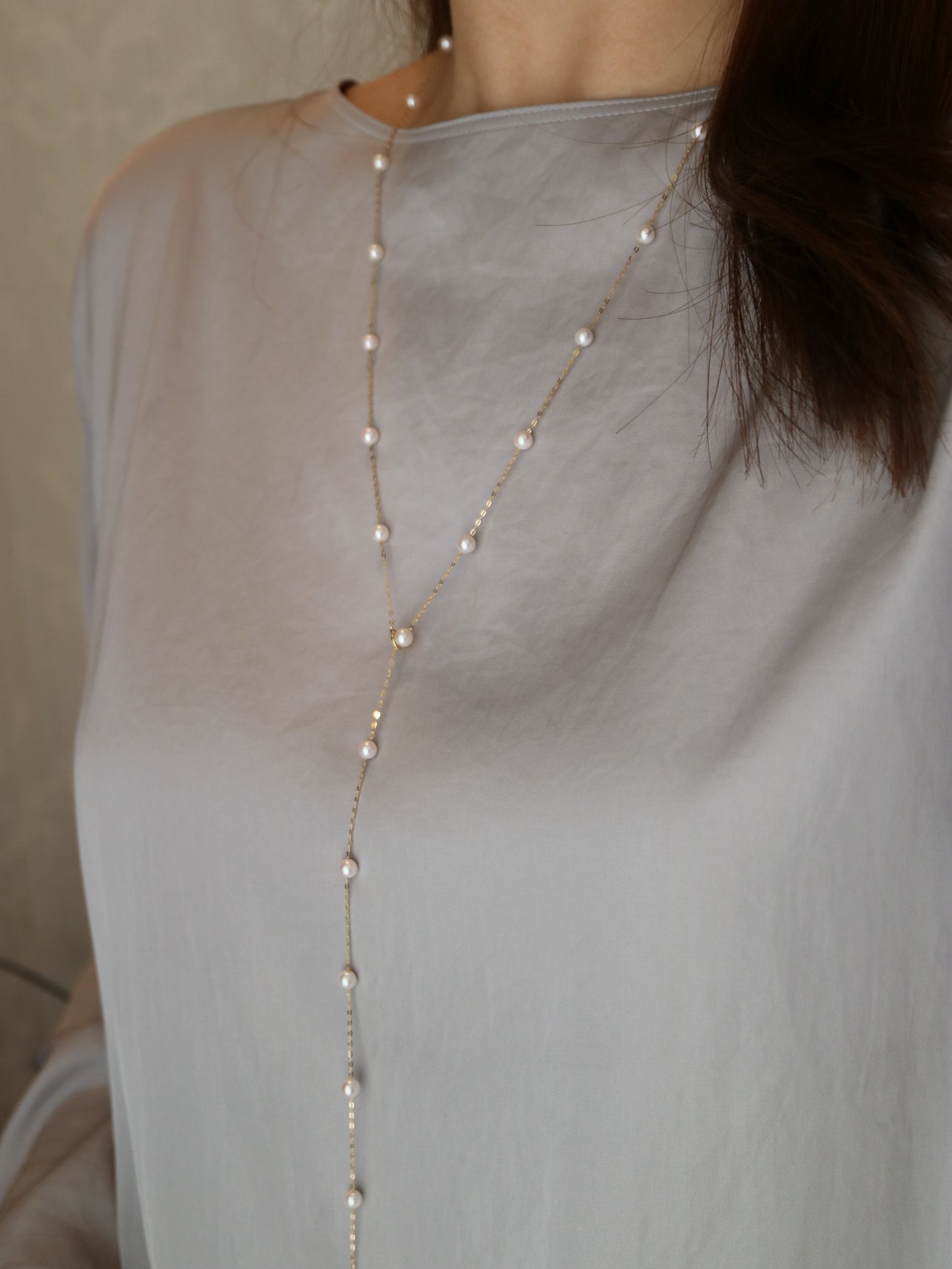 90cm 4.5mm アコヤ真珠 ステーション ロングネックレス 18K イエローゴールド