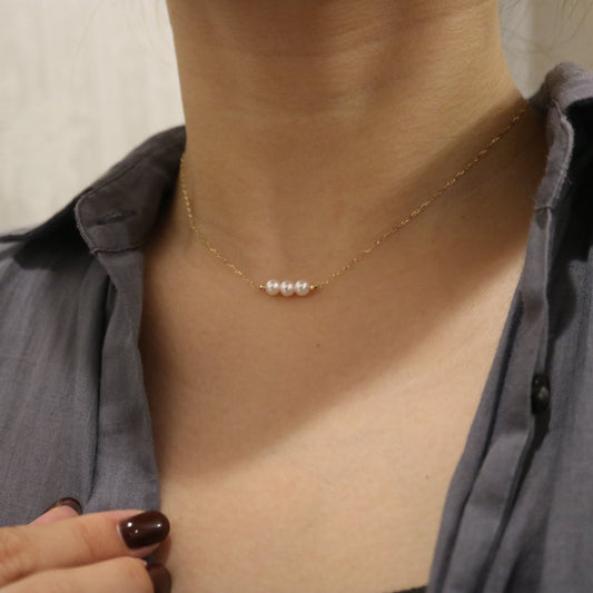 4.5mm Akoya 珍珠三珠条形吊坠项链 10K 黄金 - KOKOPEARLJEWELRY - 2