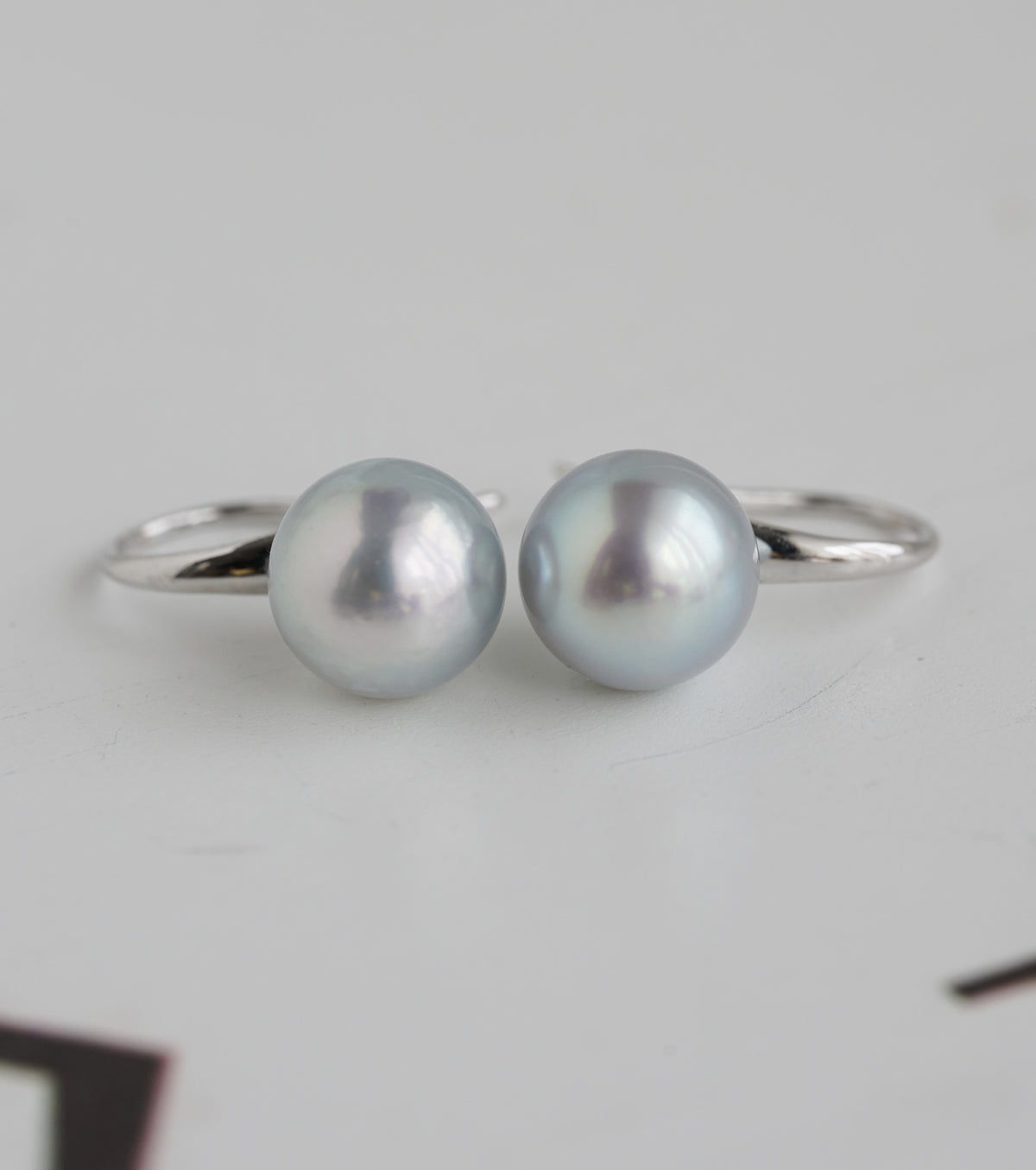 7.0mm Natural Silver Gray Akoya Pearl Drop Hook Earrings 18K White Gold