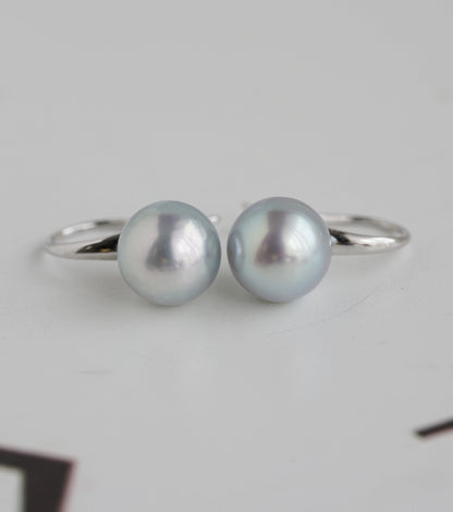 7mm Natural Silver Gray Akoya Pearl Drop Hook Earrings 18K White Gold