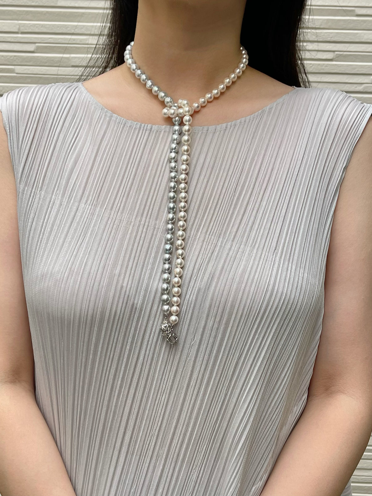Certified Natural Silver Blue & White Color 8.5mm Baroque Shaped Akoya Pearl Long Necklace