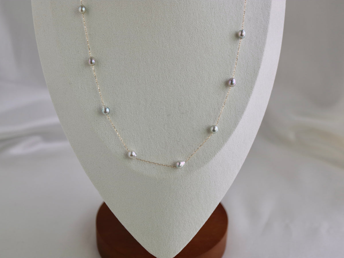 Natural Silver Blue Baroque Akoya Pearl Station Necklace 10K Yellow Gold