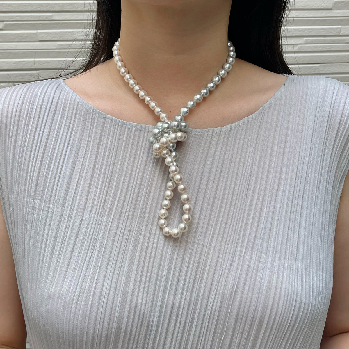Certified Natural Silver Blue & White Color 8.5mm Baroque Shaped Akoya Pearl Long Necklace