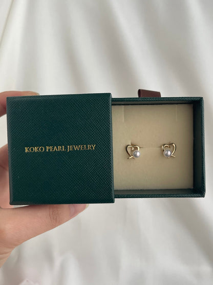 4mm Akoya Pearl Little Heart Stud Earrings 10K Yellow Gold - KOKOPEARLJEWELRY - 4