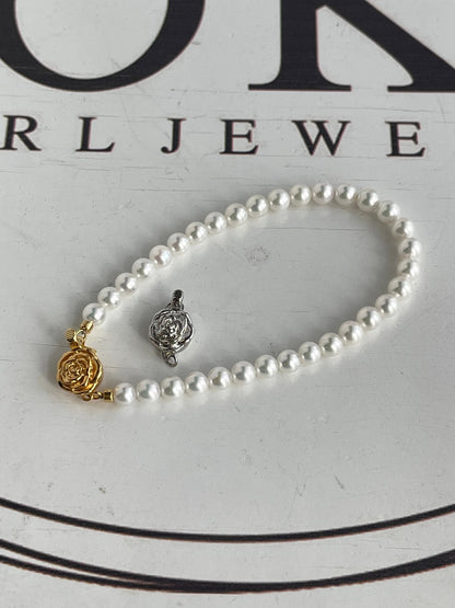 4.5mm Akoya Pearl Beaded Bracelet Rose Shaped Clasp - KOKOPEARLJEWELRY - 1