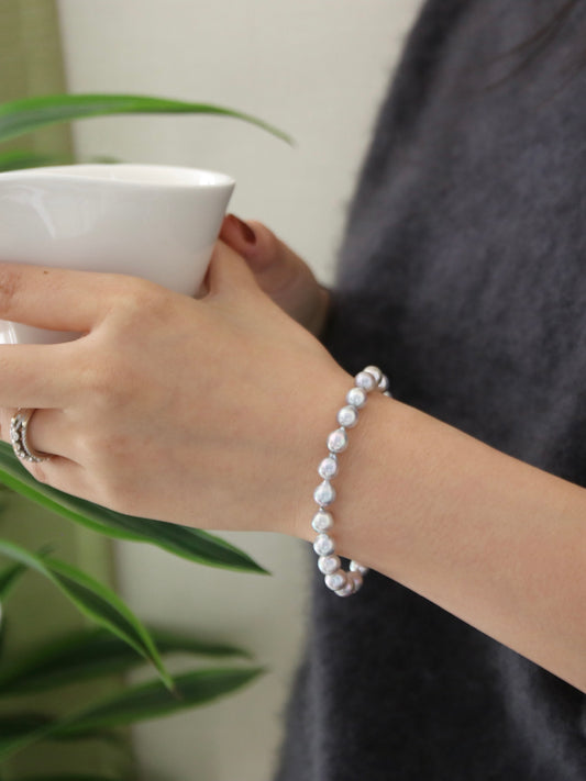 6.5mm Baroque Shaped Natural Silver Blue Akoya Pearl Beaded Bracelet