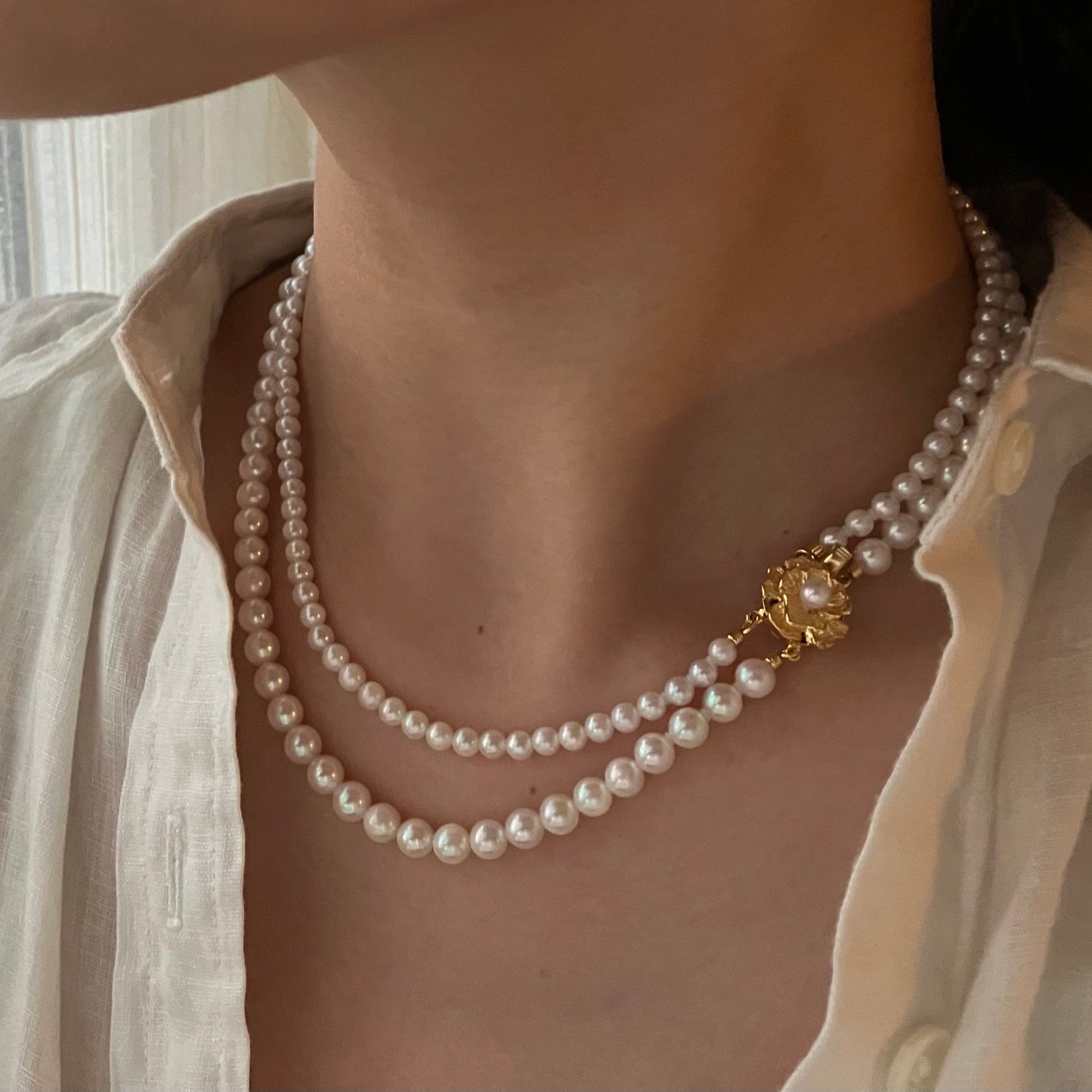 4.0+5.5mm Akoya Pearl Double Layered Strand Beaded Necklace