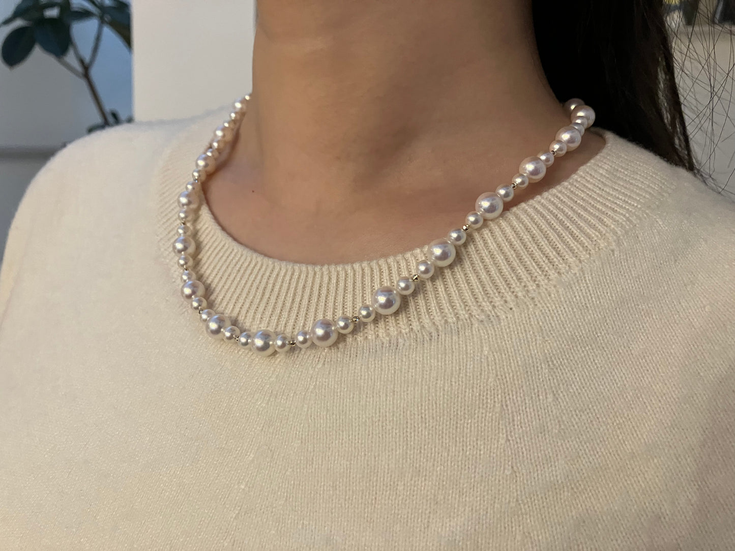 4.0+6.5mm Akoya Pearl 18K Yellow Gold Beads Strand Necklace