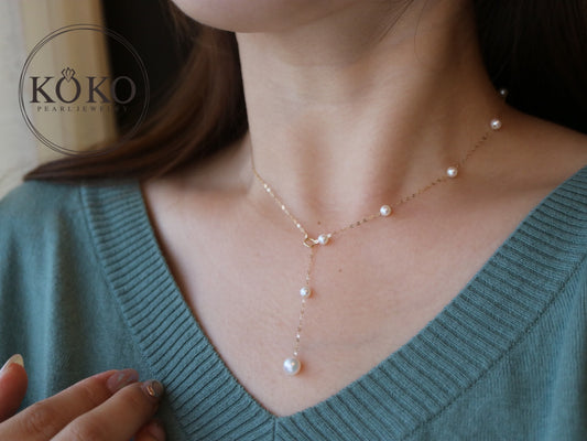 可動式 4mm アコヤ真珠 オールインワン ステーションネックレス 18K イエローゴールド