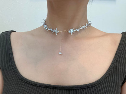 Certified 4mm Natural Silver Tone Akoya Keshi Pearl Beaded Necklace