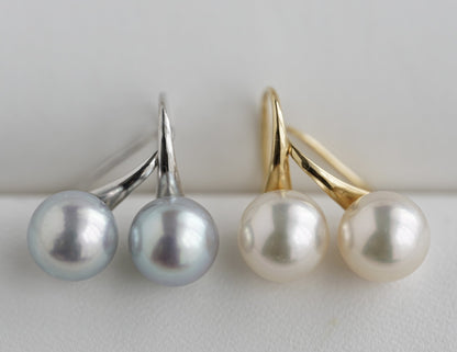 7mm Natural Silver Gray Akoya Pearl Drop Hook Earrings 18K White Gold