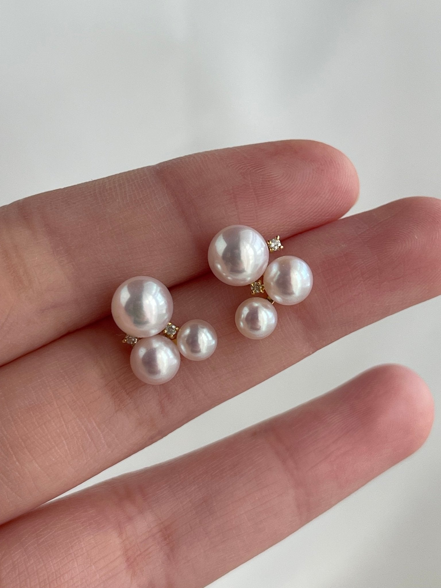 Three Akoya Pearl Diamond Stud Earrings 18K Gold - KOKOPEARLJEWELRY - 4