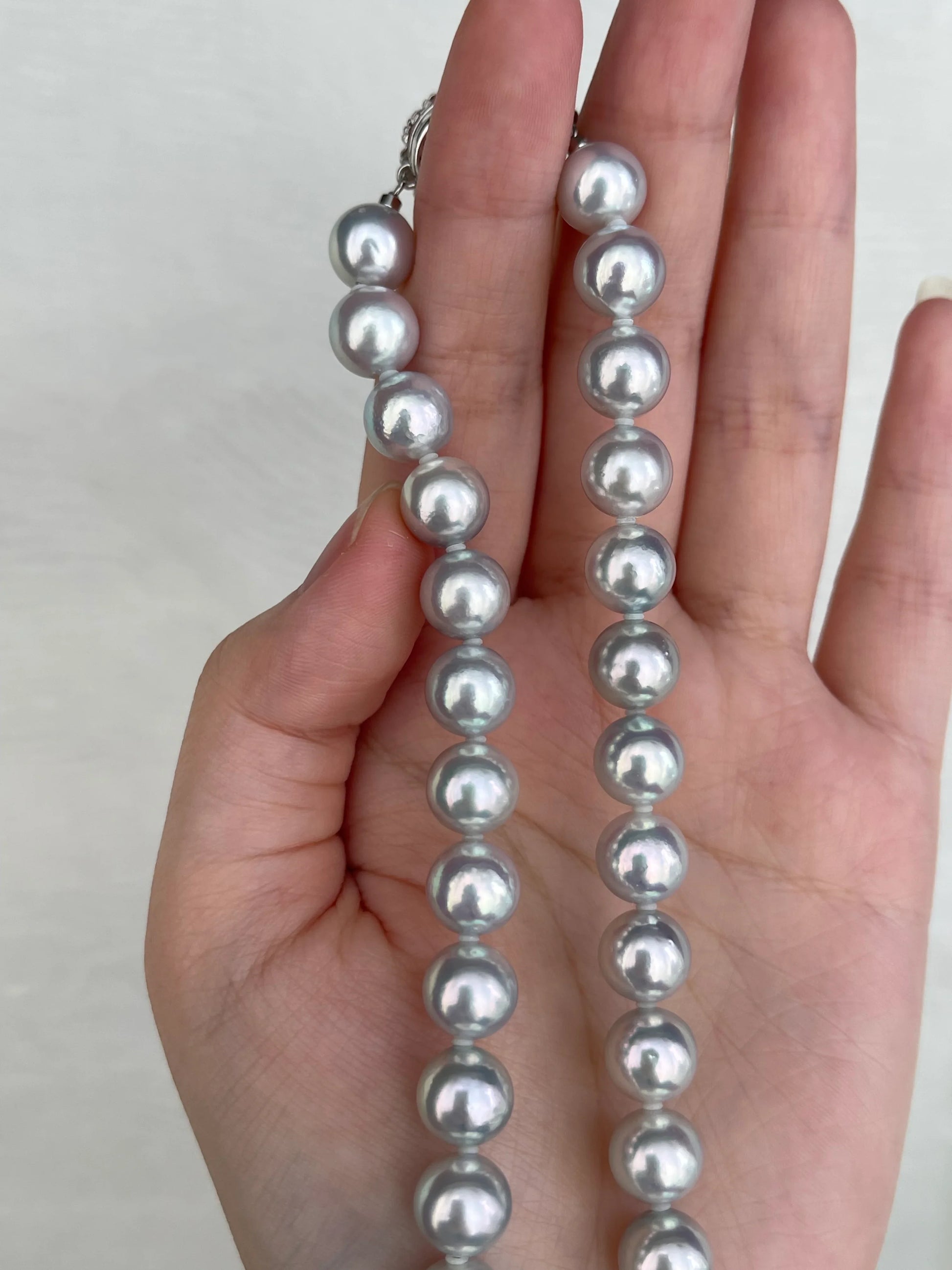 Rare Size 9mm Natural Silver Blue Akoya Pearl Strand Necklace with