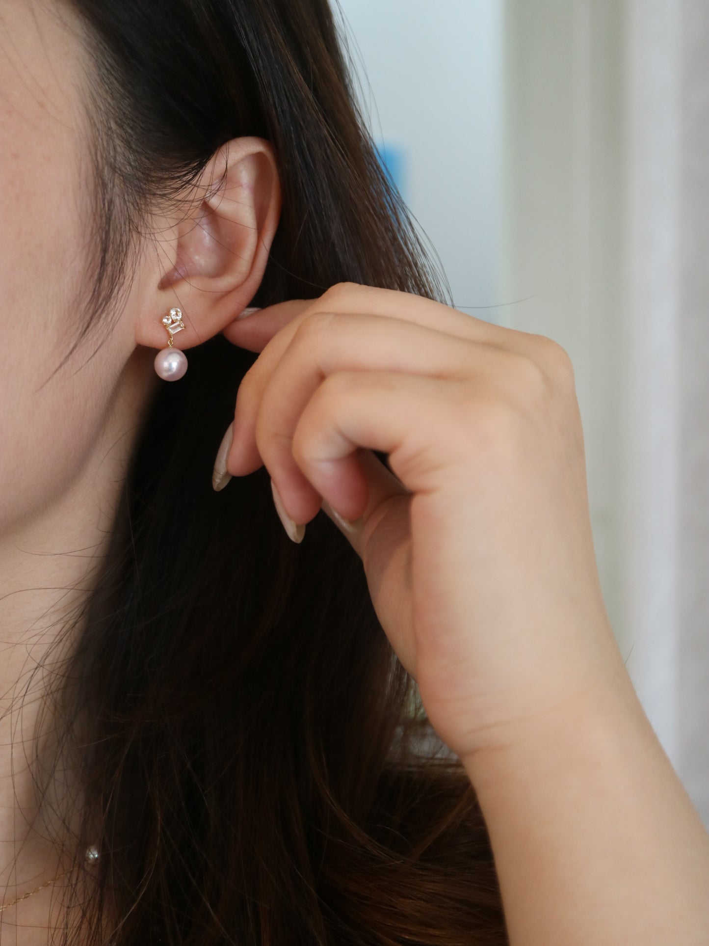 7.5mm Akoya Pearl White Topaz Earrings 18K Yellow Gold