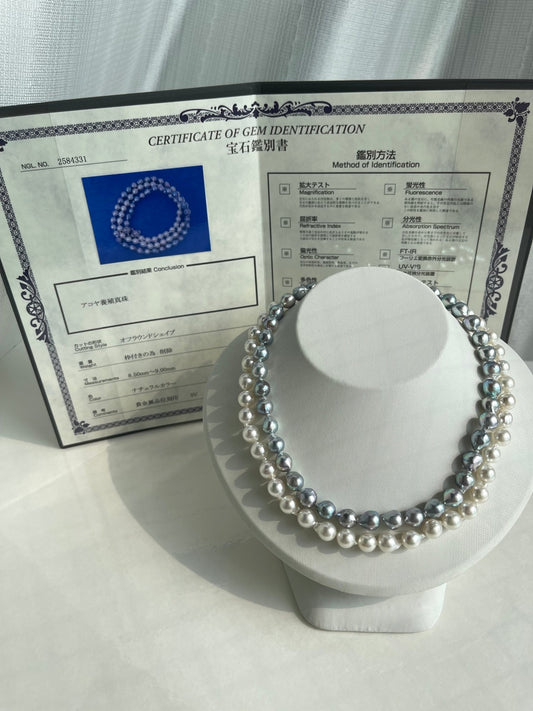 Certified Natural Silver Blue & White Color 8.5mm Baroque Shaped Akoya Pearl Long Necklace - KOKOPEARLJEWELRY - 1