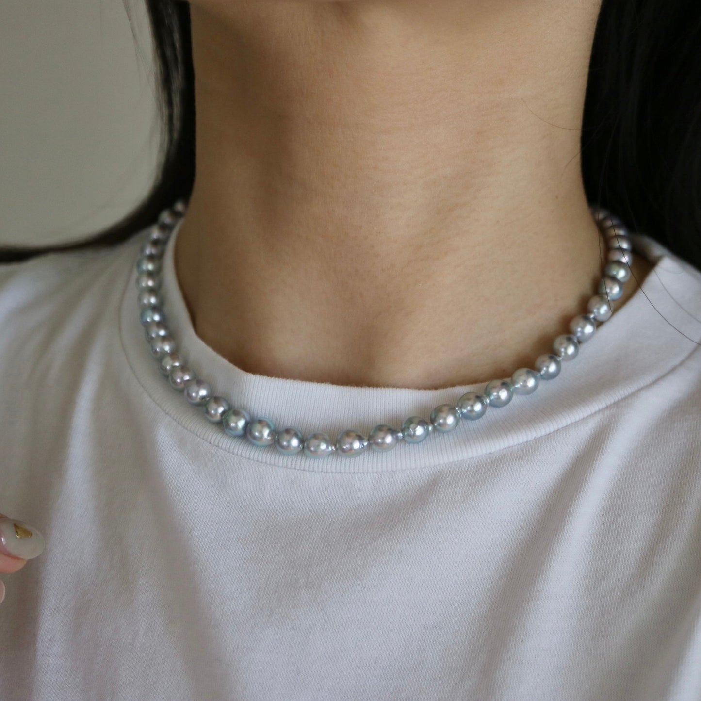 Baroque Shaped 6.5mm Natural Silver Blue Akoya Pearl Strand Necklace
