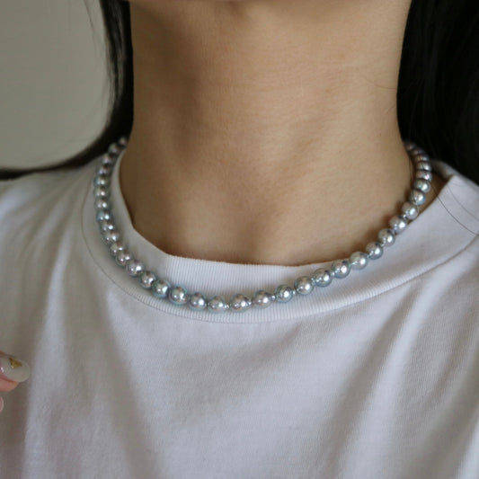 Baroque Shaped 6.5mm Natural Silver Blue Akoya Pearl Strand Necklace