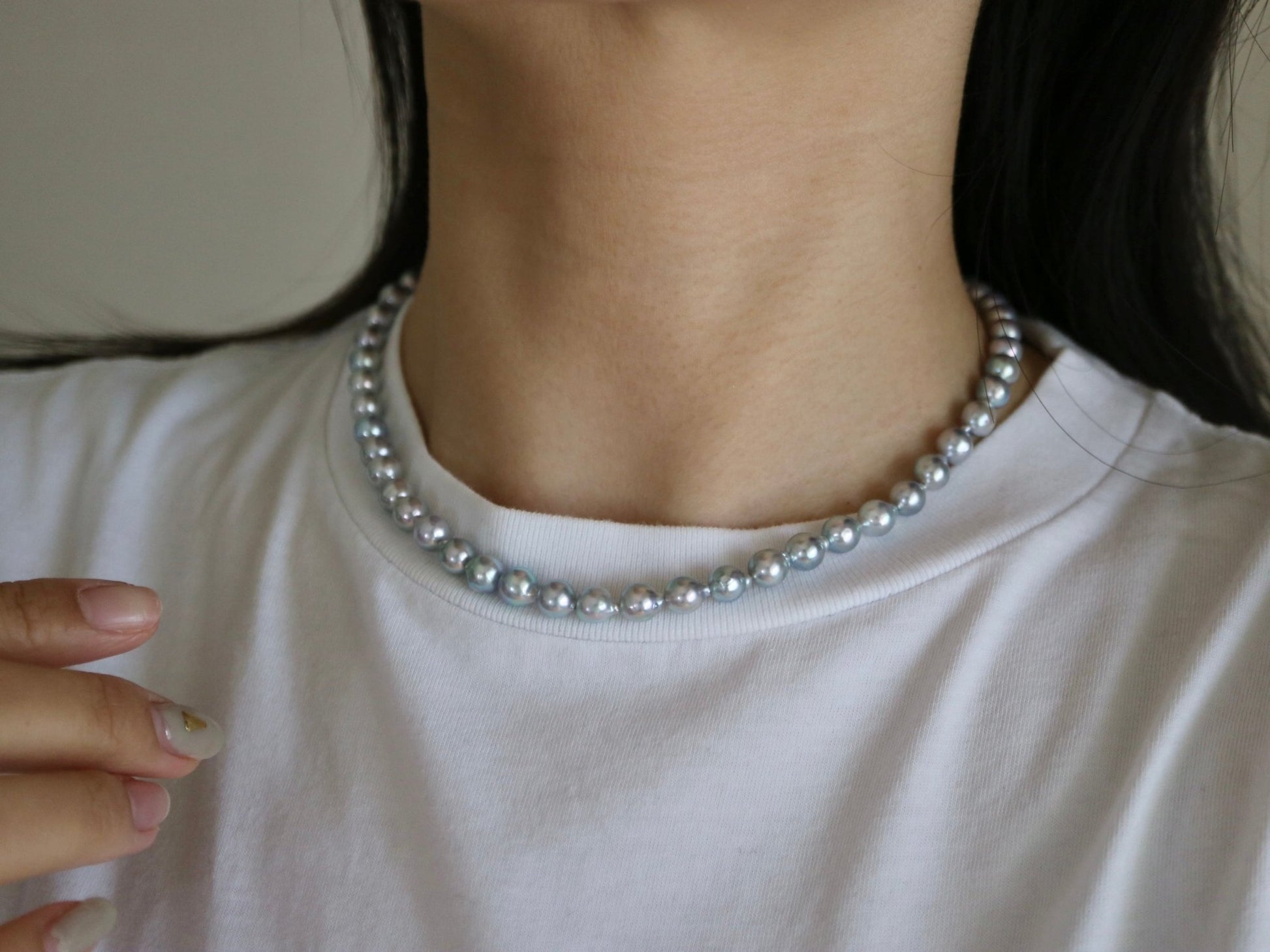 Baroque Shaped 6.5mm Natural Silver Blue Akoya Pearl Strand Necklace - KOKOPEARLJEWELRY - 1