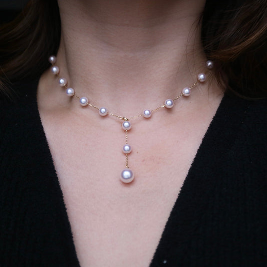 Movable 6.5mm Akoya Pearl Station Necklace 18K Yellow Gold All-in-One
