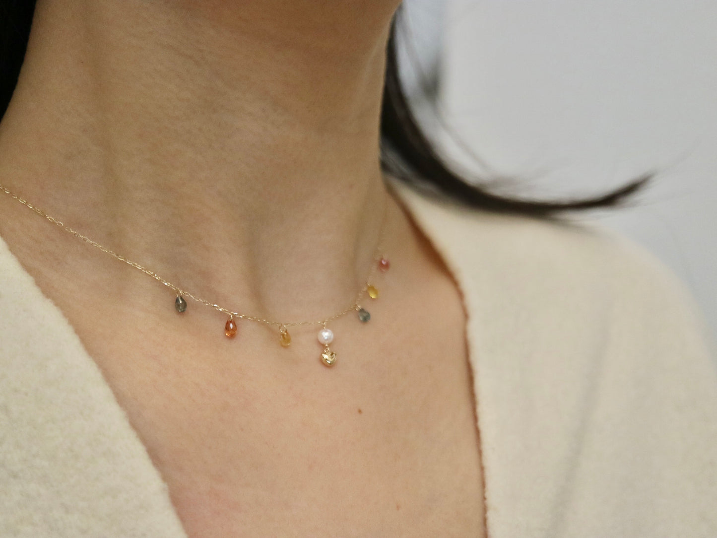 Gold Heart Akoya Pearl Pendant Mixed Color Sapphire Station Necklace 10K Gold