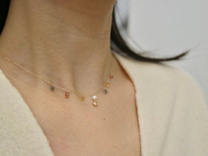 Gold Heart Akoya Pearl Pendant Mixed Color Sapphire Station Necklace 10K Gold - KOKOPEARLJEWELRY - 4
