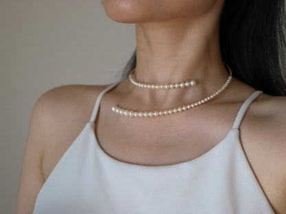 Gradient Sized Akoya Pearl & 10K Gold Beads Memory Wire Choker Necklace - KOKOPEARLJEWELRY - 5