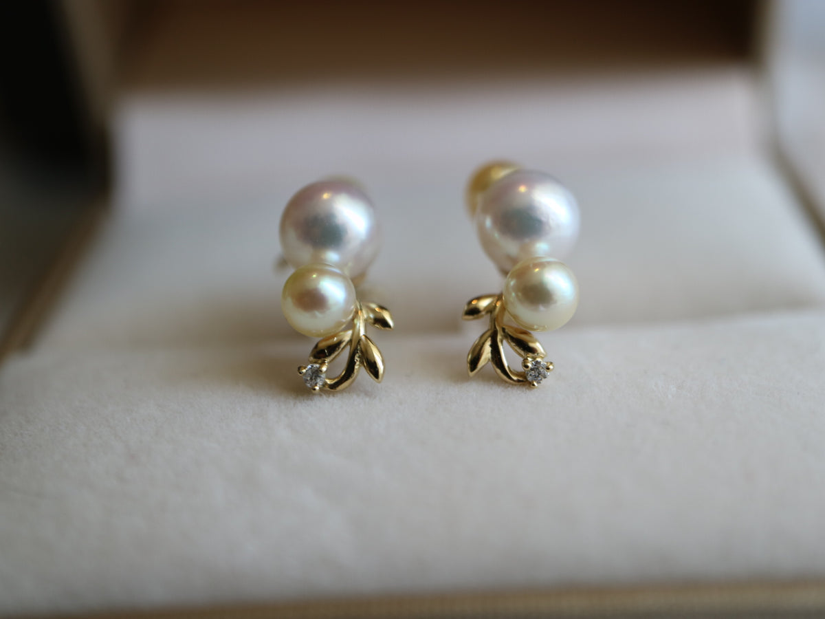 Leaf Design 4.0+5.5mm Double Color Akoya Pearl Diamond Stud Earrings 18K Yellow Gold