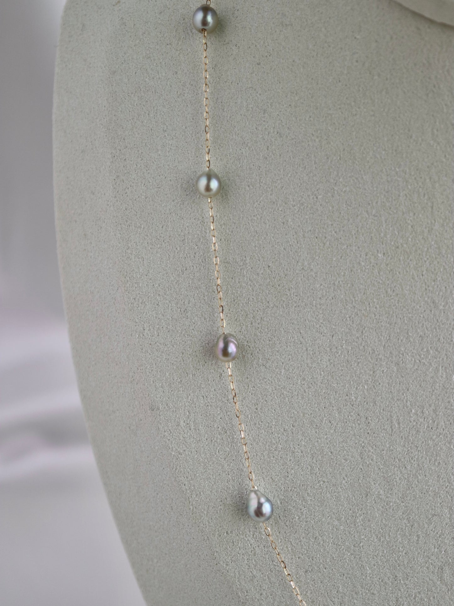 Natural Silver Blue Baroque Akoya Pearl Station Necklace 10K Yellow Gold