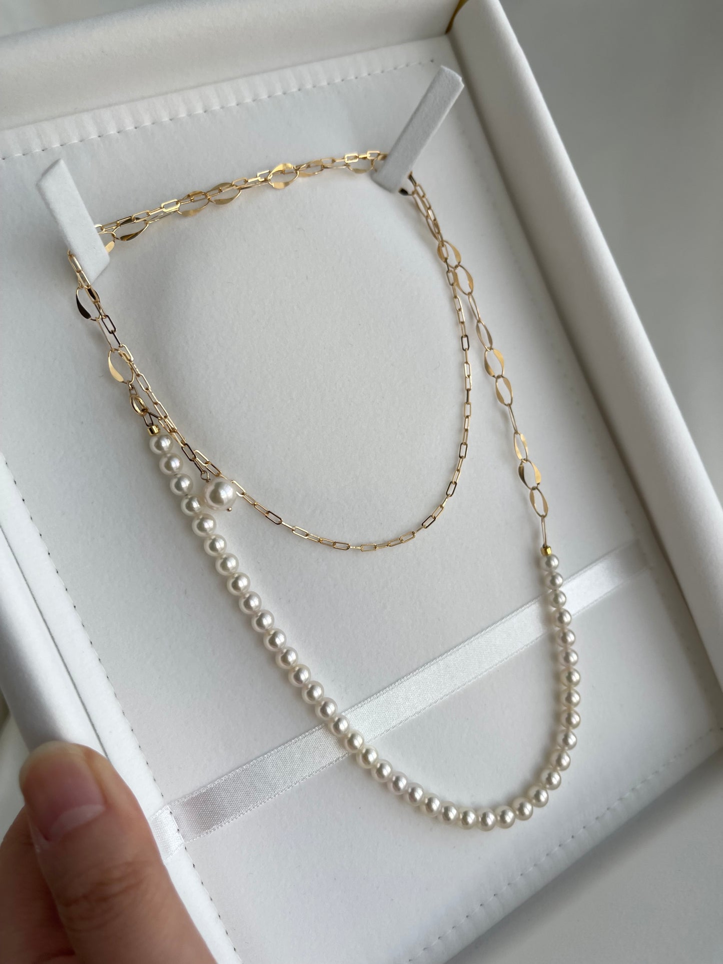 4.5mm アコヤ真珠＆18Kゴールド ペーパークリップリンクチェーン ロングネックレス
