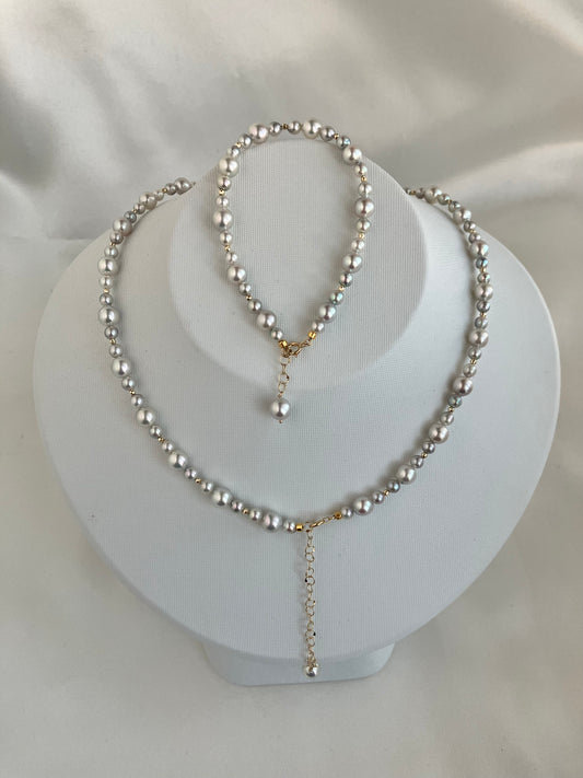 4+6mm Natural Silver Blue Akoya Pearl Beads Necklace & Bracelet 18K Gold