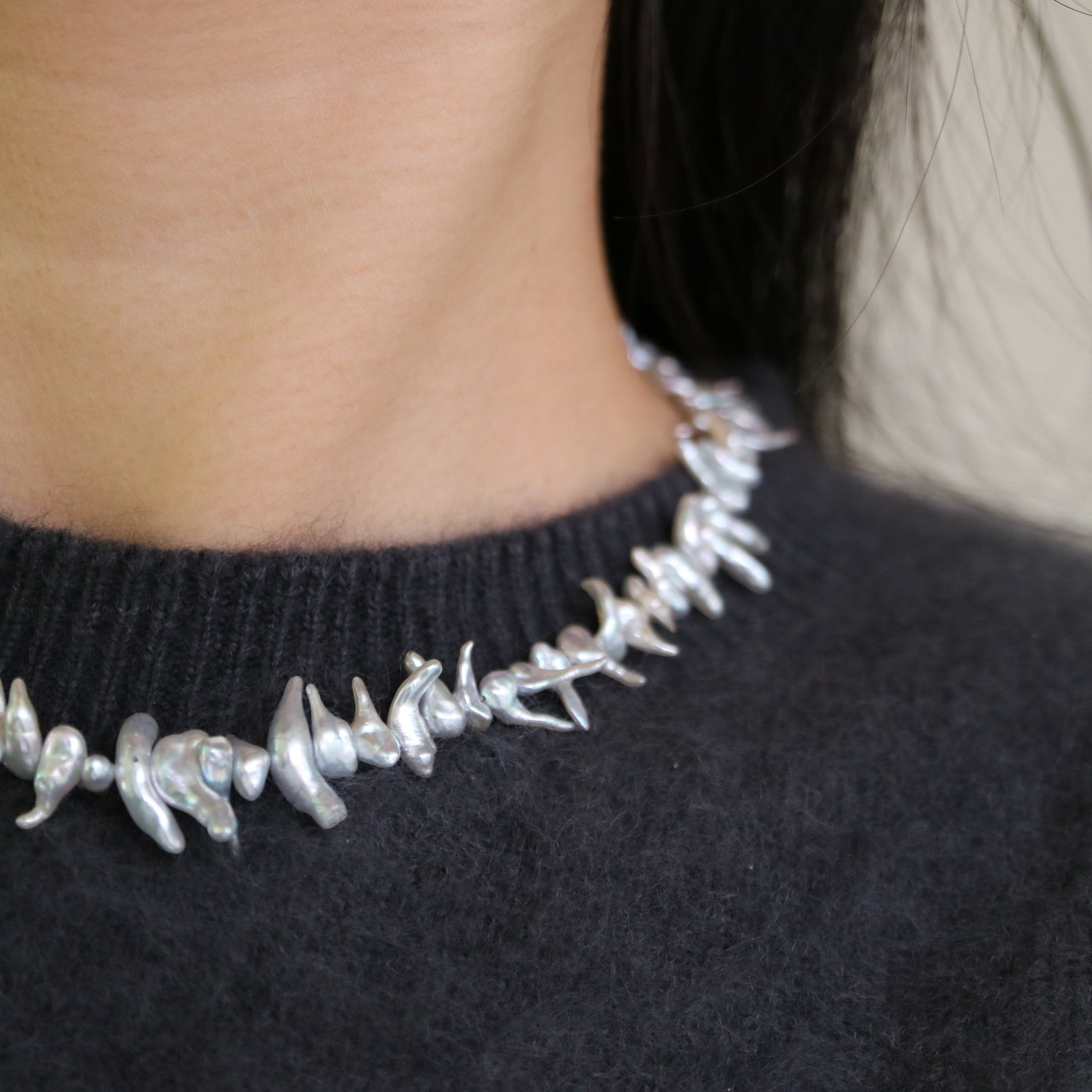 4mm 천연 실버톤 아코야 케시 진주 비즈 목걸이