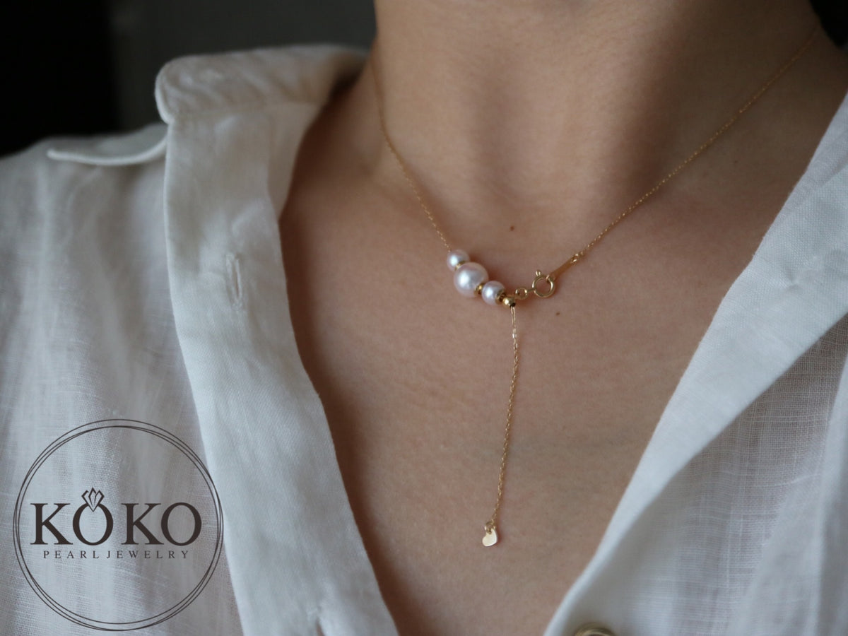 Movable 5.0+7.0mm Three Akoya Pearl Pendant Necklace 18K Yellow Gold