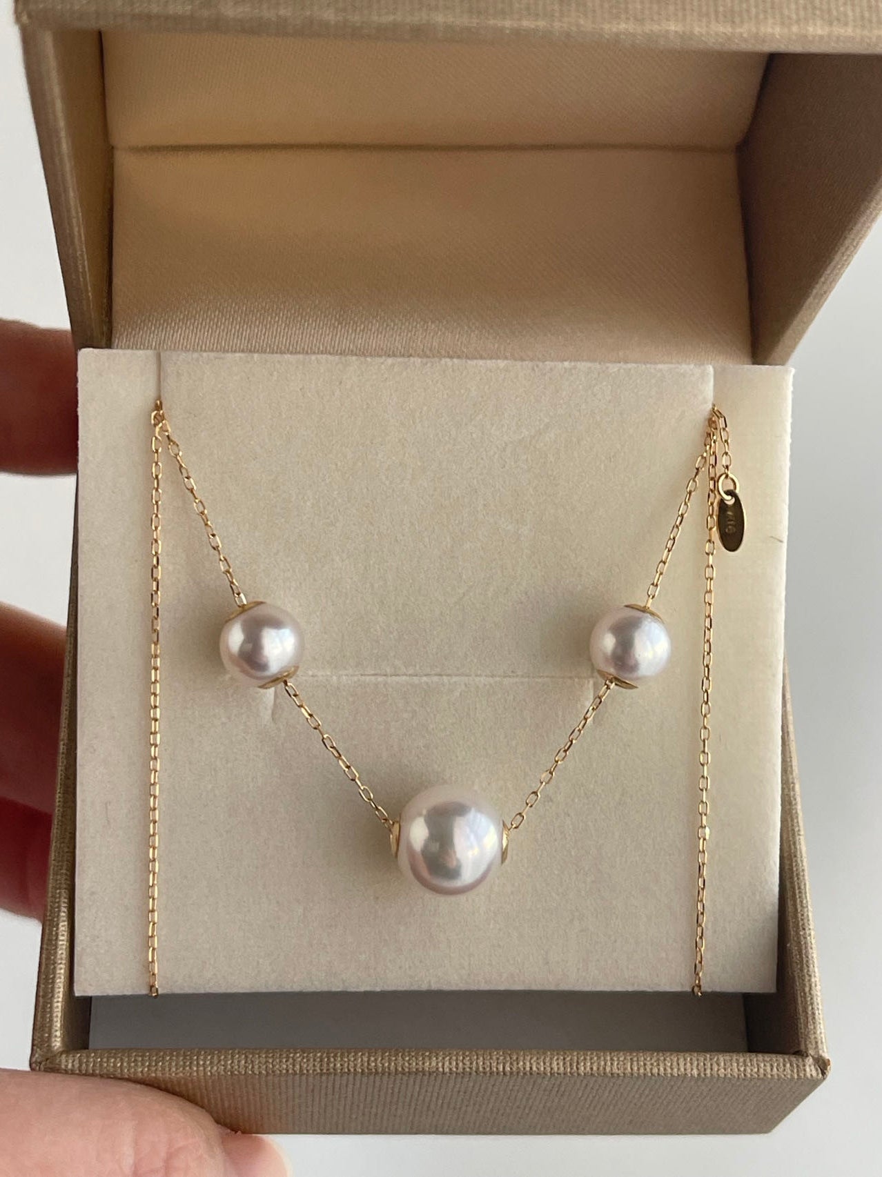 Movable 5.0+7.0mm Three Akoya Pearl Pendant Necklace 18K Yellow Gold