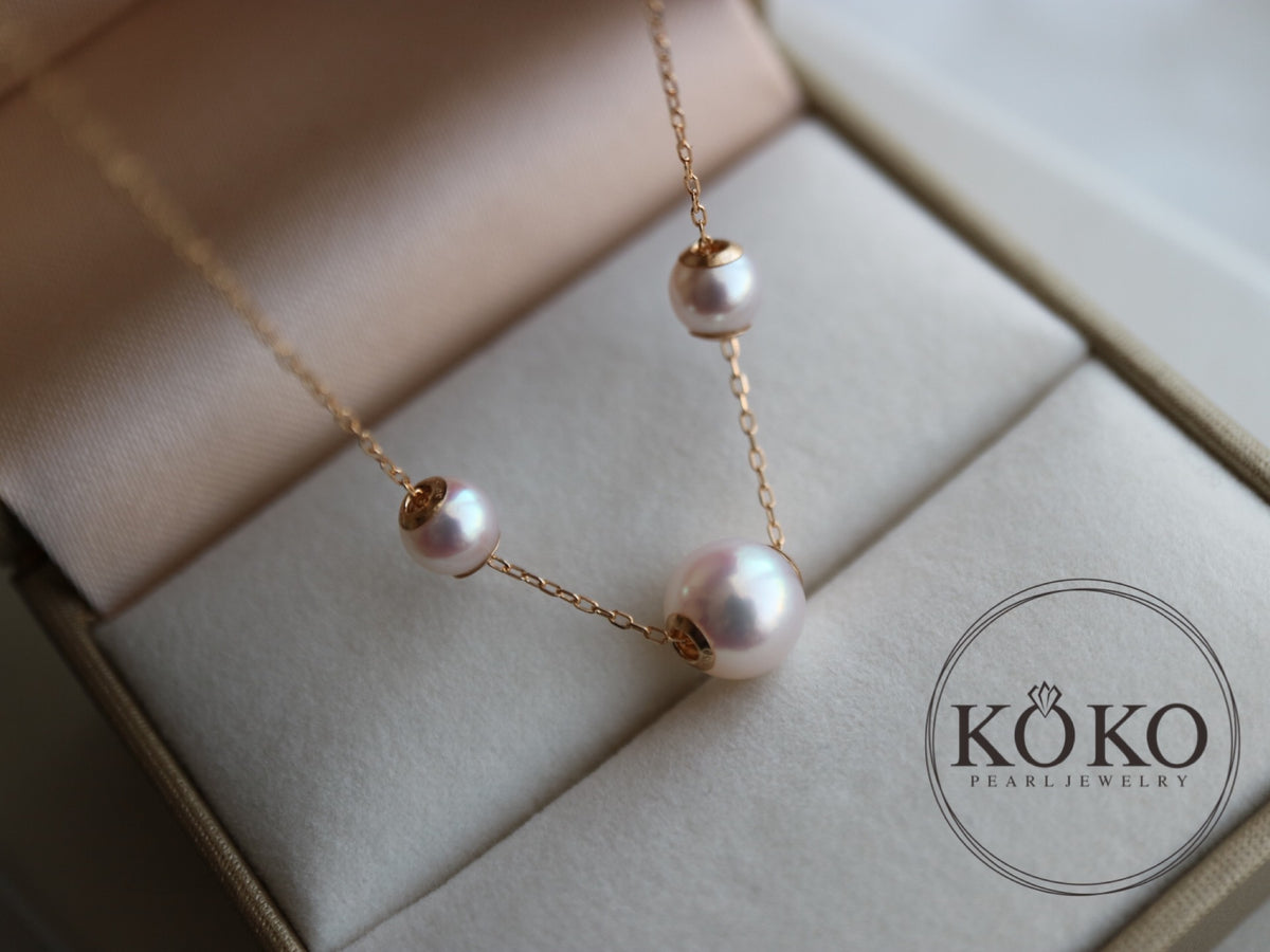Movable 5.0+7.0mm Three Akoya Pearl Pendant Necklace 18K Yellow Gold