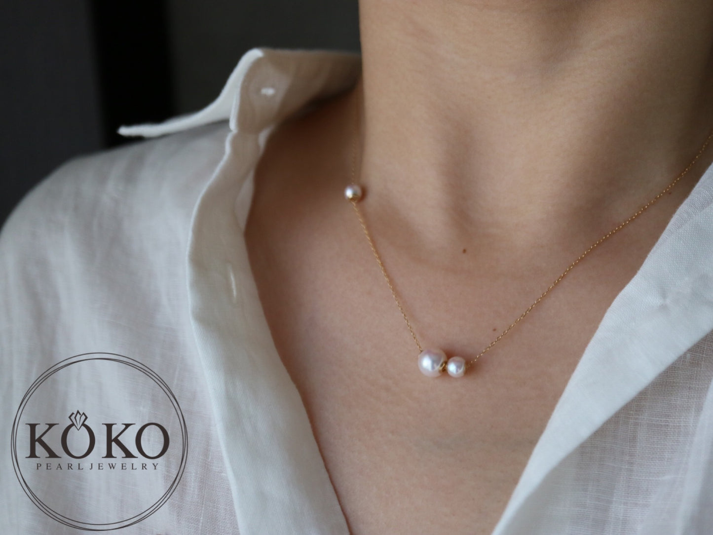 Movable 5.0+7.0mm Three Akoya Pearl Pendant Necklace 18K Yellow Gold