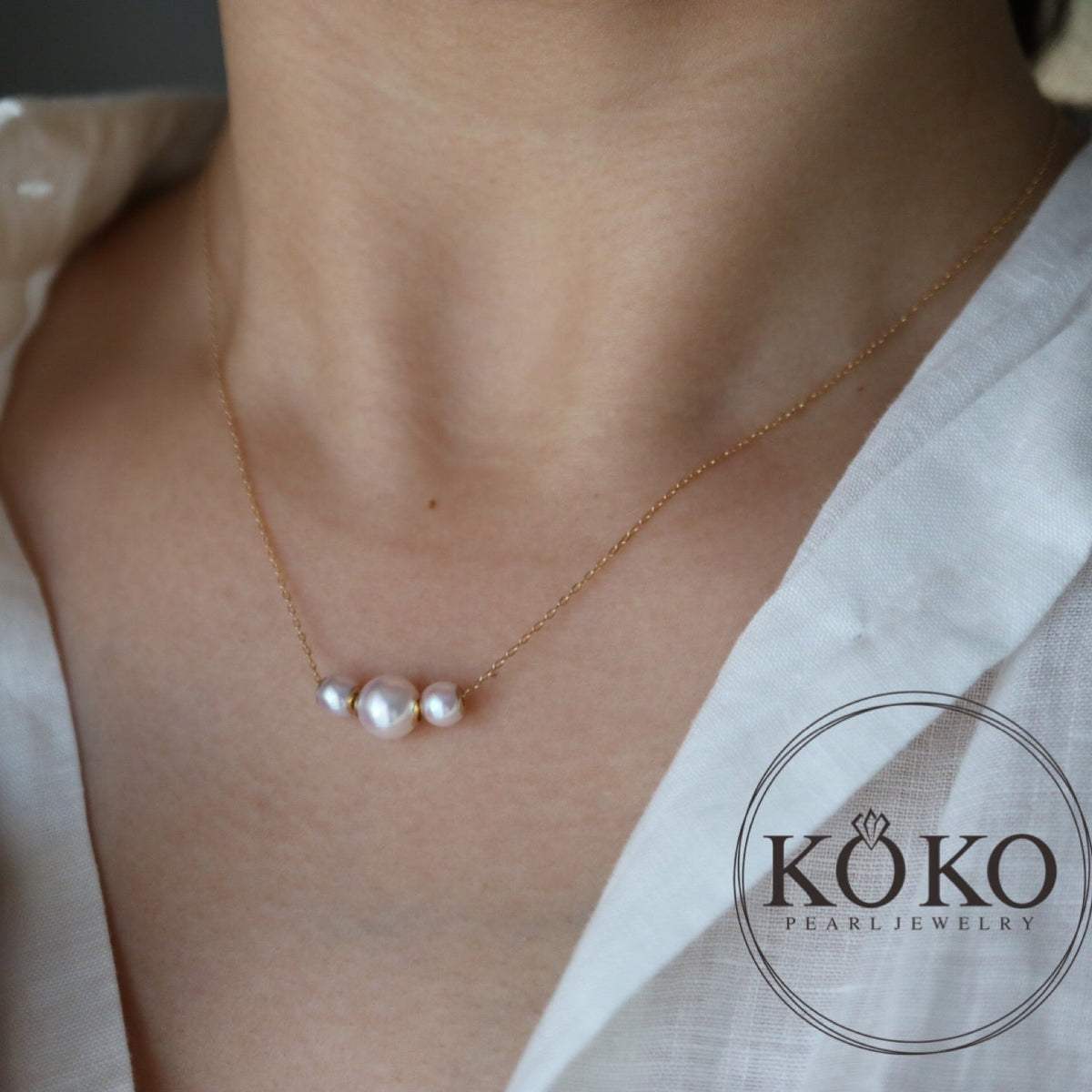 Movable 5.0+7.0mm Three Akoya Pearl Pendant Necklace 18K Yellow Gold